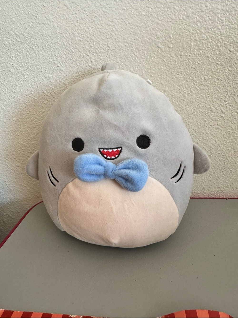 Gray Plush Shark with Blue Bow and Cream Belly